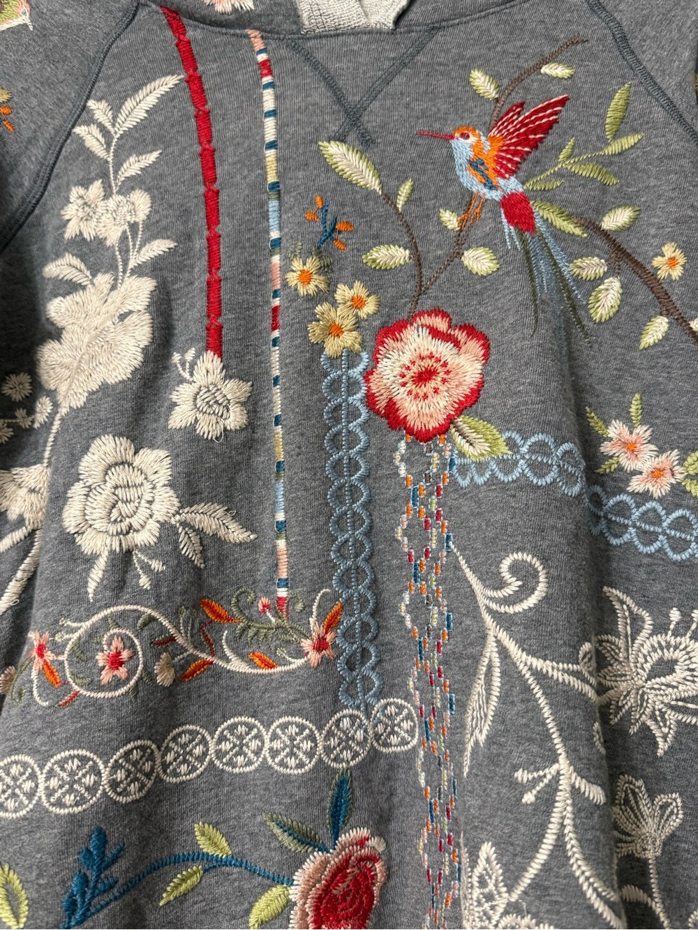 Johnny Was Gray Embroidered Hummingbird Floral Hoodie Sweatshirt Boho HTF - Picture 3 of 6